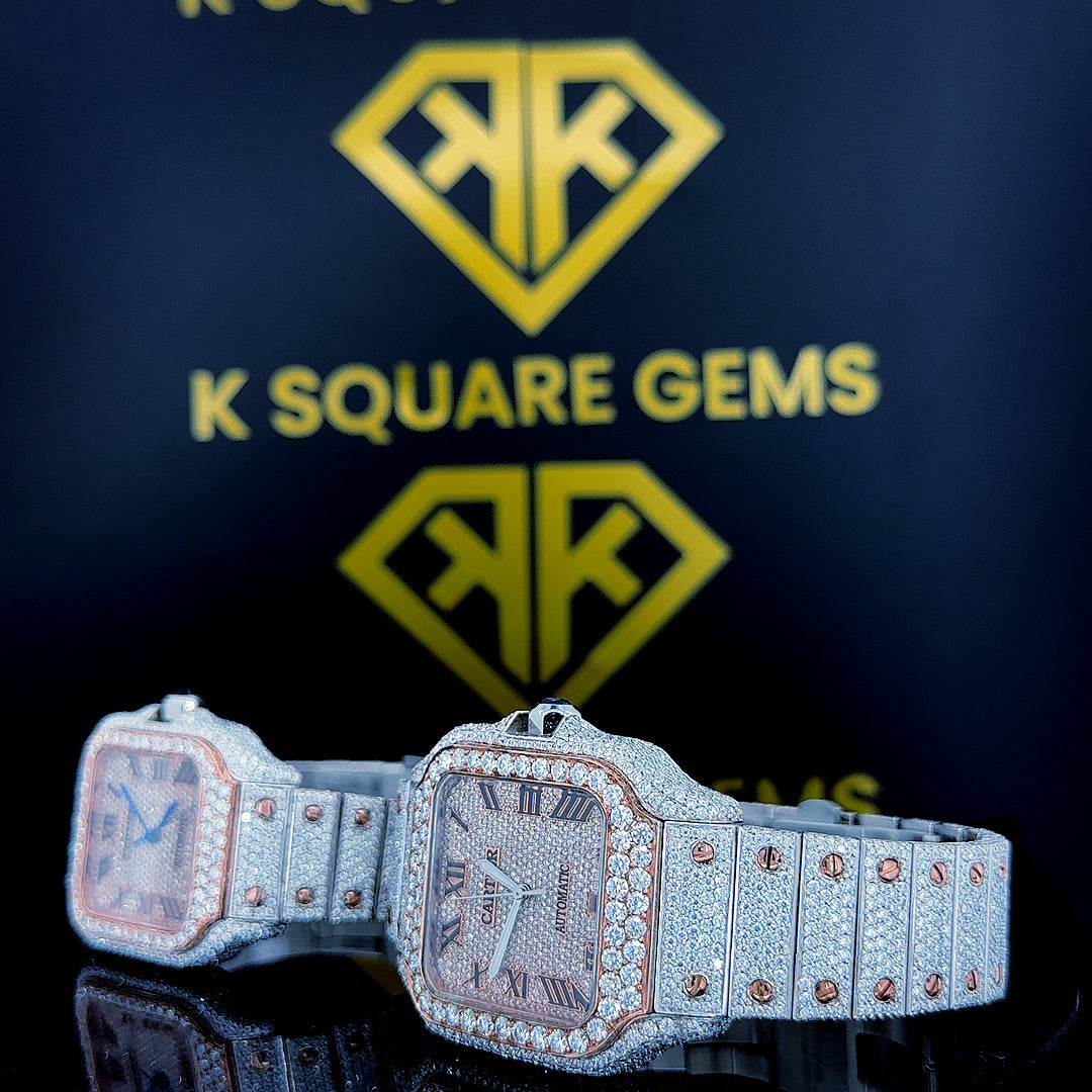 Santos de Cartier Rose Gold Couple Set Moissanite Diamond Watch Close Up Left View