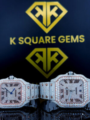 Cartier Santos Roman Numerals Diamond Pave Dial Rose Gold Two Tone Moissanite Couple Watch