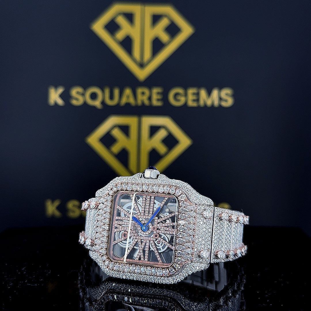 Skeleton Dial Cartier Santos Moissanite Diamond Watch Dial Close Up View