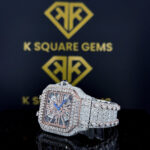 Skeleton Dial Cartier Santos Moissanite Diamond Watch Left Side Dial Close Up View