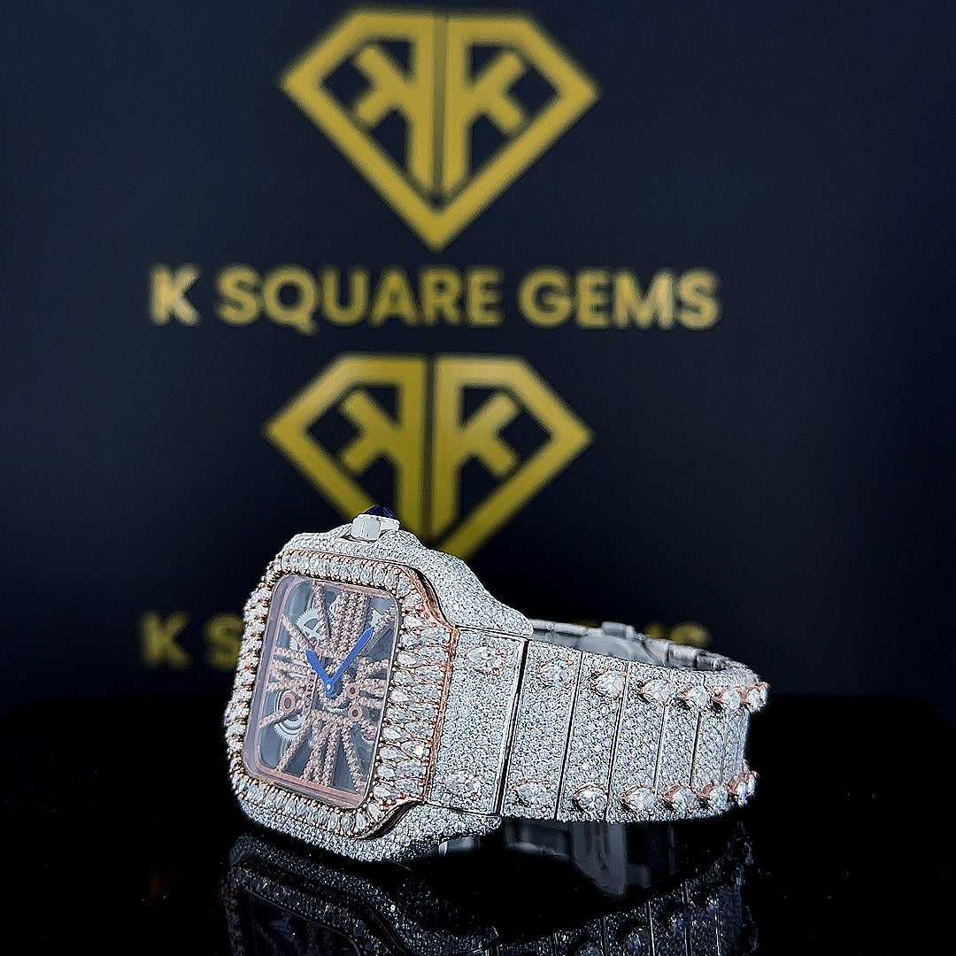 Skeleton Dial Cartier Santos Moissanite Diamond Watch Left Side Dial View