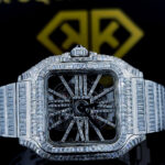Snatos Skeleton Cartier Full Iced Out Moissanite Diamond Watch Close Up View