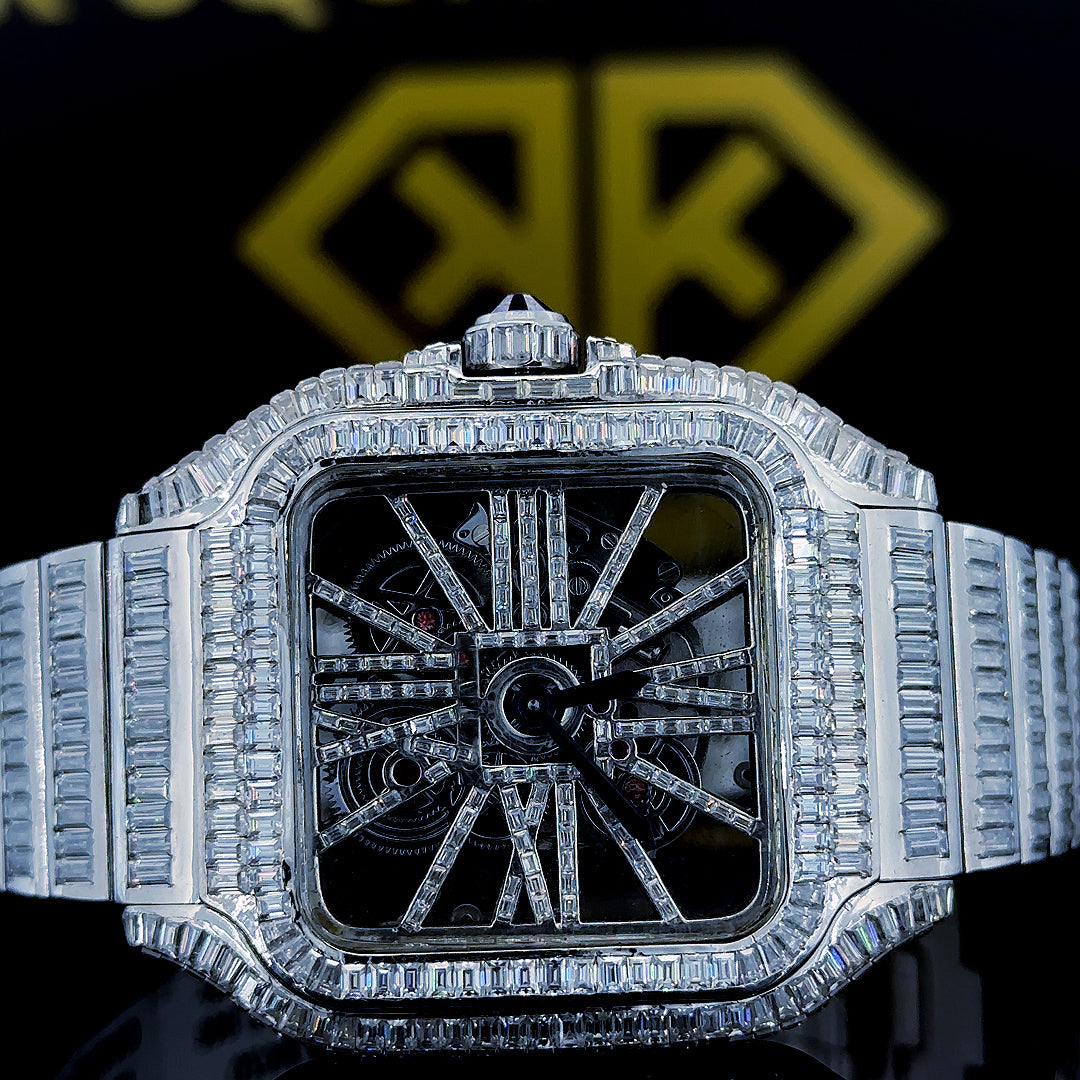 Snatos Skeleton Cartier Full Iced Out Moissanite Diamond Watch Close Up View