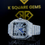 Snatos Skeleton Cartier Full Iced Out Moissanite Diamond Watch Left Close Up View