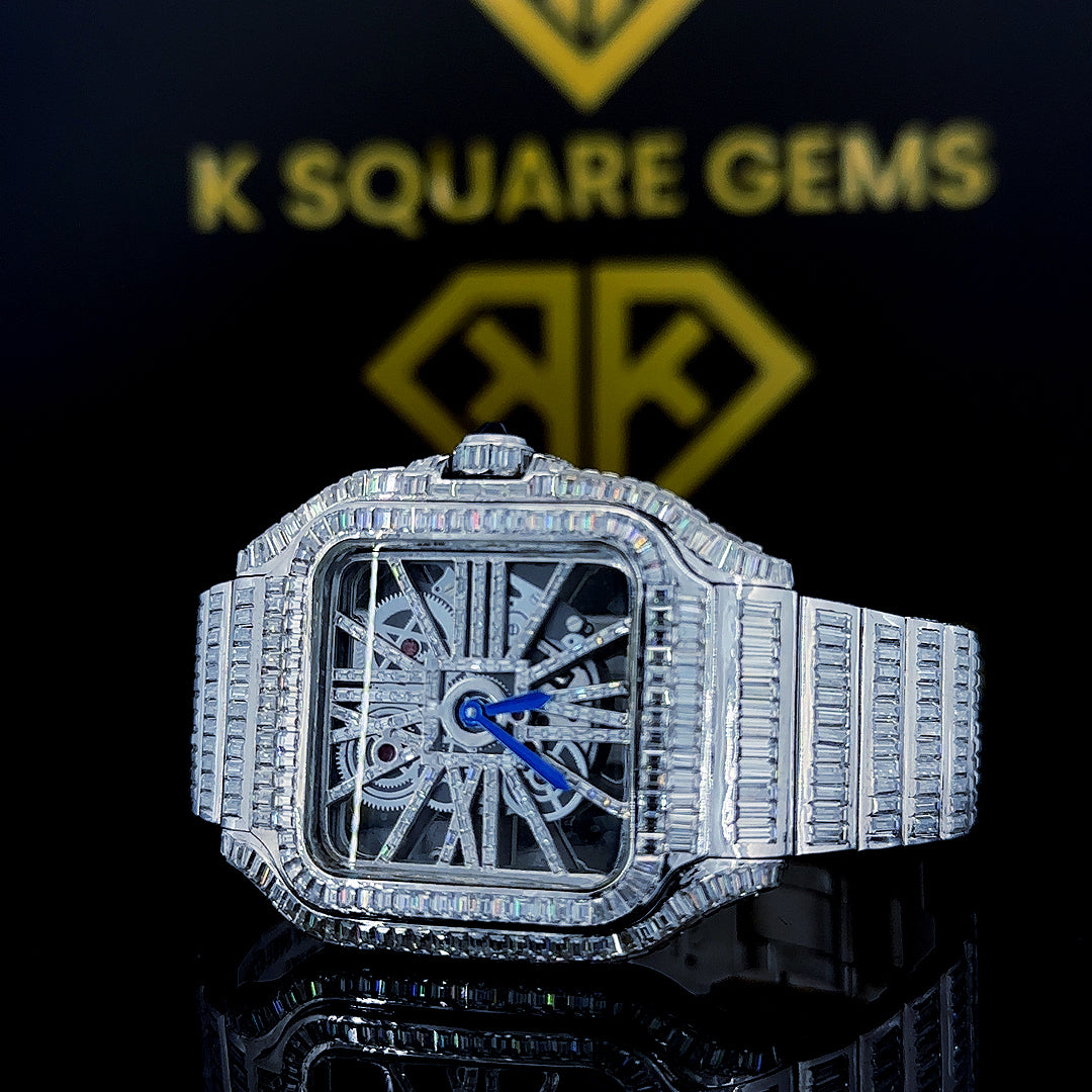 Snatos Skeleton Cartier Full Iced Out Moissanite Diamond Watch Left Close Up View