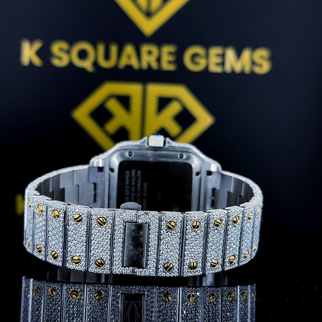 Back side view of Two Tone Cartier Santos Moissanite Diamond Watch with Roman Numeral Dial