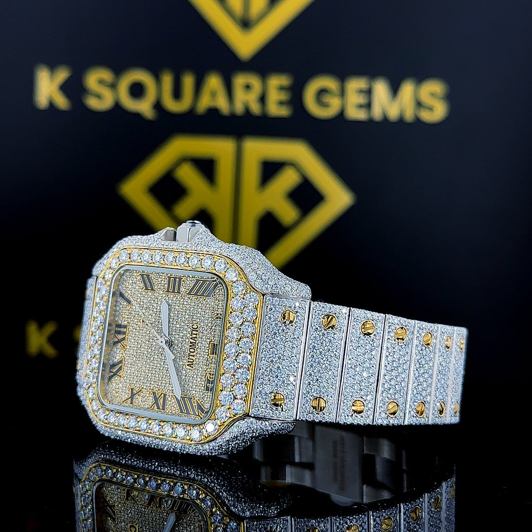 Close up dial and strap view of Two Tone Cartier Santos Moissanite Diamond Watch with Roman Numeral Dial