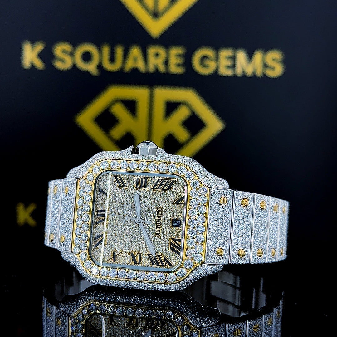 Close up front view of Two Tone Cartier Santos Moissanite Diamond Watch with Roman Numeral Dial