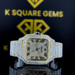 Cartier Santos Roman Numerals Pave Diamond Dial Two Tone Yellow Gold Moissanite Watch