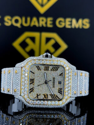 Cartier Santos Roman Numerals Pave Diamond Dial Two Tone Yellow Gold Moissanite Watch