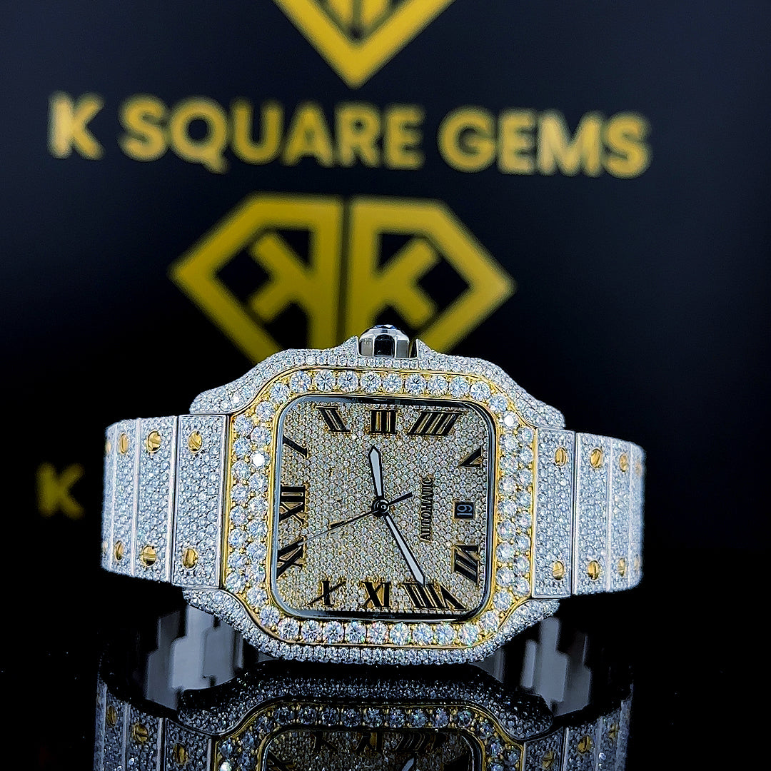 Front View of Two Tone Cartier Santos Moissanite Diamond Watch with Roman Numeral Dial