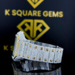 Left side strap view of Two Tone Cartier Santos Moissanite Diamond Watch with Roman Numeral Dial