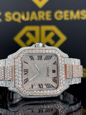 Cartier Santos Roman Numerals Pave Diamond Dial Two Tone Rose Gold Moissanite Watch