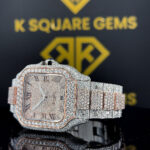 Two Tone Diamond Studded Cartier Moissanite Diamond Watch Left Side Dial Close Up View