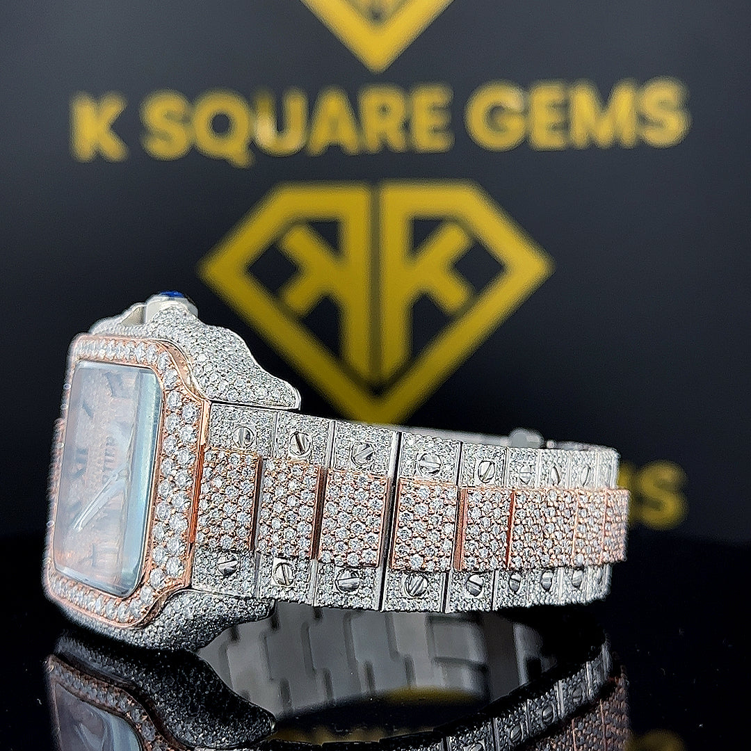 Two Tone Diamond Studded Cartier Moissanite Diamond Watch Left Side View