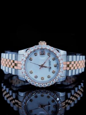 Rolex Datejust Diamond Dial Silver Tone Two Tone Rose Gold Moissanite Watch