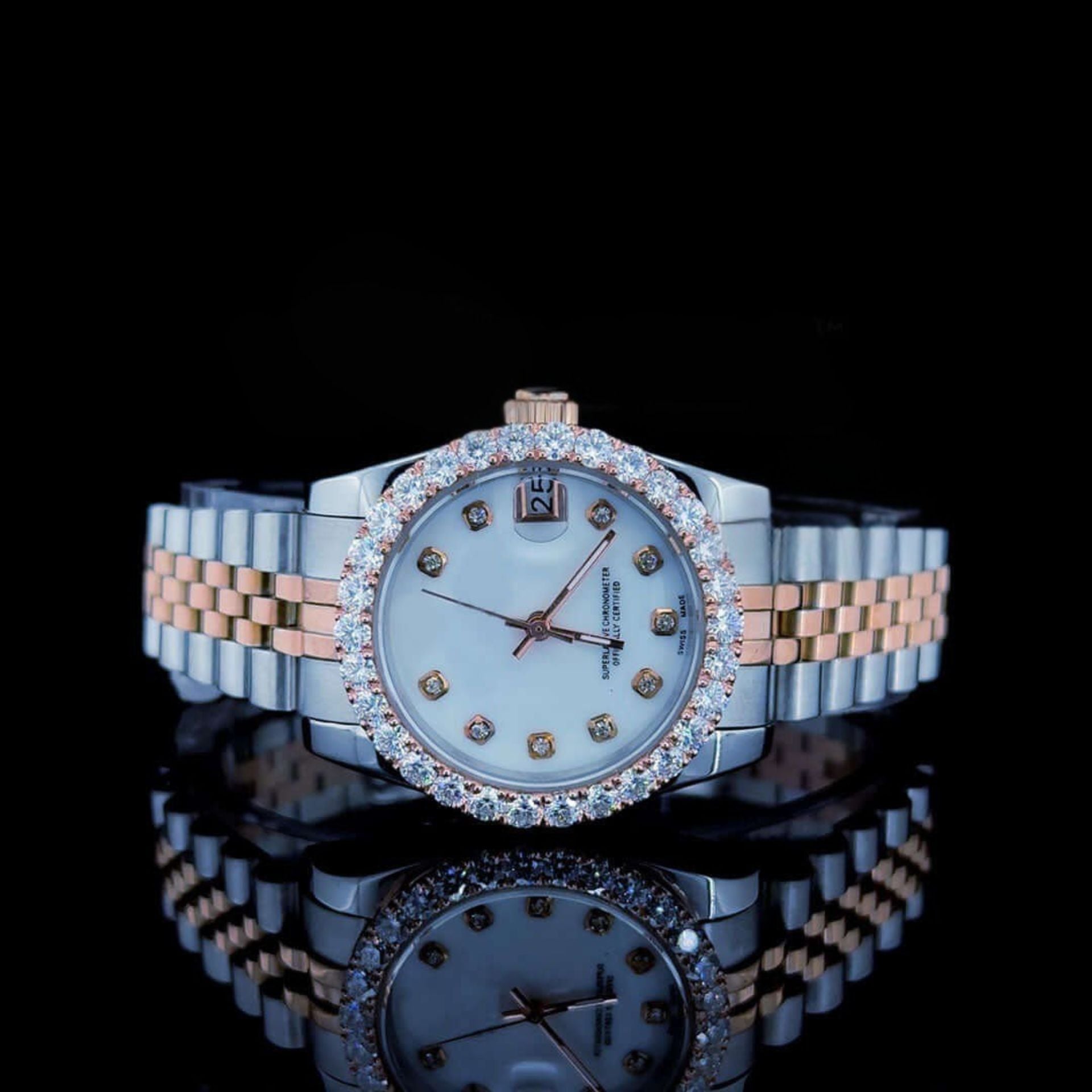Two Tone Rolex Oyster Perpetual Moissanite Diamond Watch Front Close View