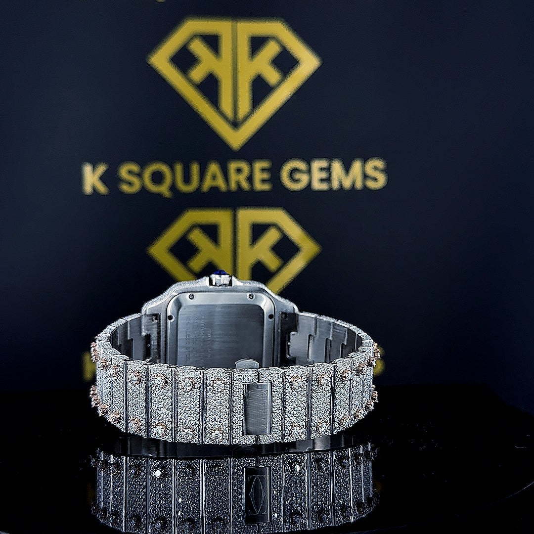 Back Side View of Two Tone Rose Gold Cartier Moissanite Diamond Watch with Roman Dial