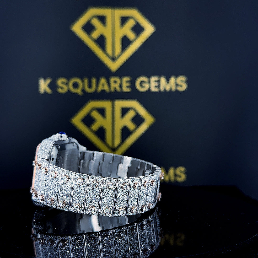 Diamond Fitting with Strap View of Two Tone Rose Gold Cartier Moissanite Diamond Watch with Roman Dial