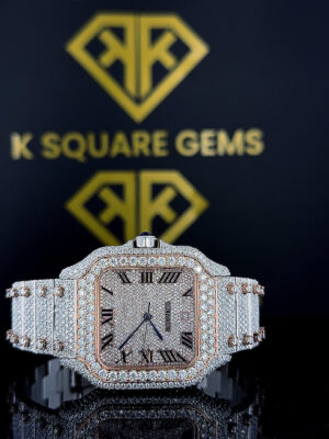 Cartier Santos Roman Numerals Pave Diamond Dial Rose Gold Two Tone Moissanite Watch
