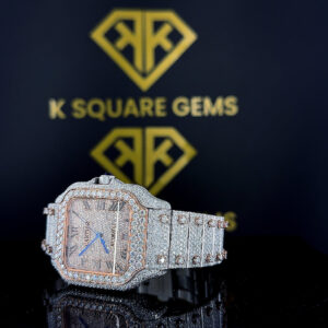 Left Side Dial View of Two Tone Rose Gold Cartier Moissanite Diamond Watch with Roman Dial