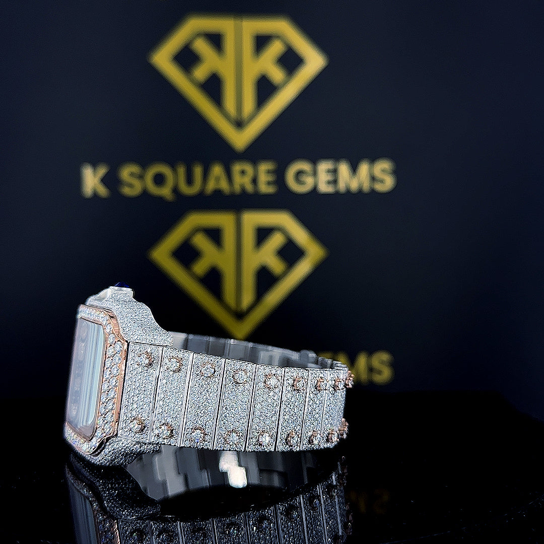 Left Side Strap View of Two Tone Rose Gold Cartier Moissanite Diamond Watch with Roman Dial