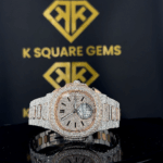 Patek Philippe Nautilus Subdial Stick Markers Pave Diamond Dial Rose Gold Two Tone Moissanite Watch