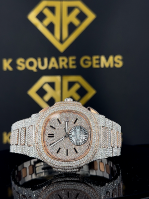 Patek Philippe Nautilus Subdial Stick Markers Pave Diamond Dial Rose Gold Two Tone Moissanite Watch