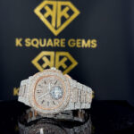 Front Dial View of Two Tone Rose Gold Patek Philippe Iced Out Moissanite Diamond Watch