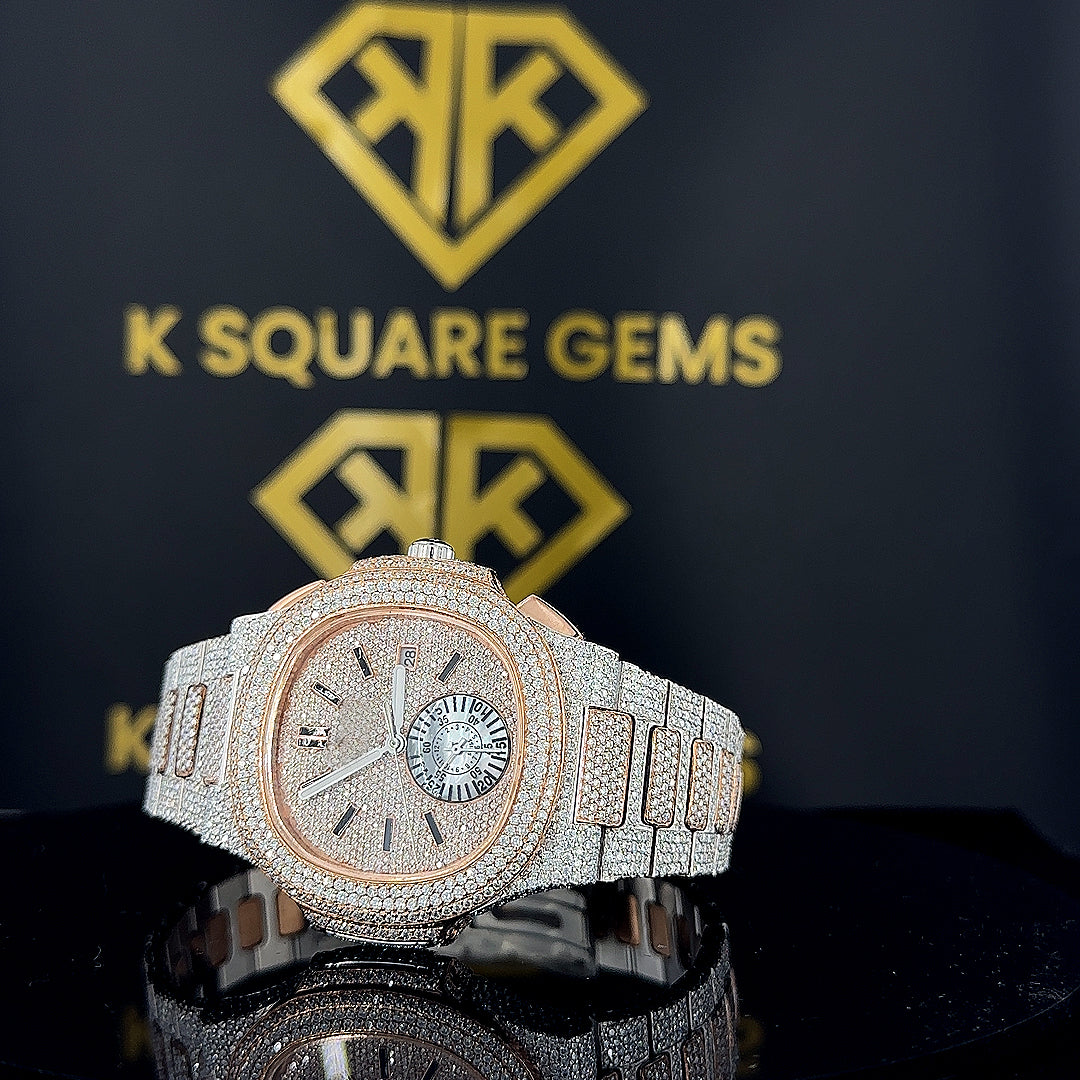 Front Dial View of Two Tone Rose Gold Patek Philippe Iced Out Moissanite Diamond Watch
