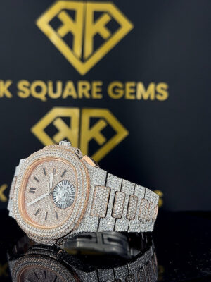 Left Side View of Two Tone Rose Gold Patek Philippe Iced Out Moissanite Diamond Watch