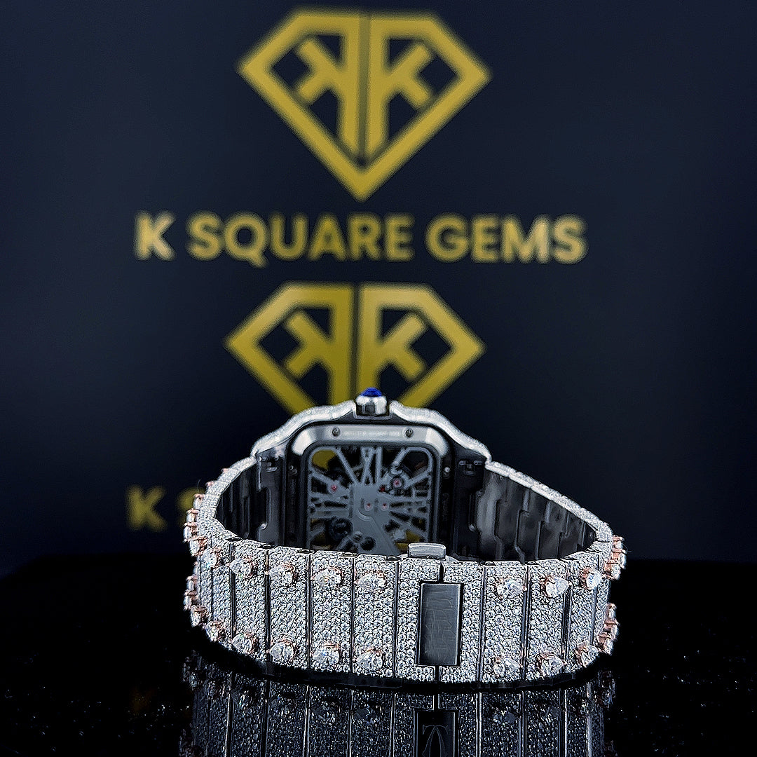 Two Tone Rose Gold Santos Skeleton Moissanite Diamond Watch Back Side View