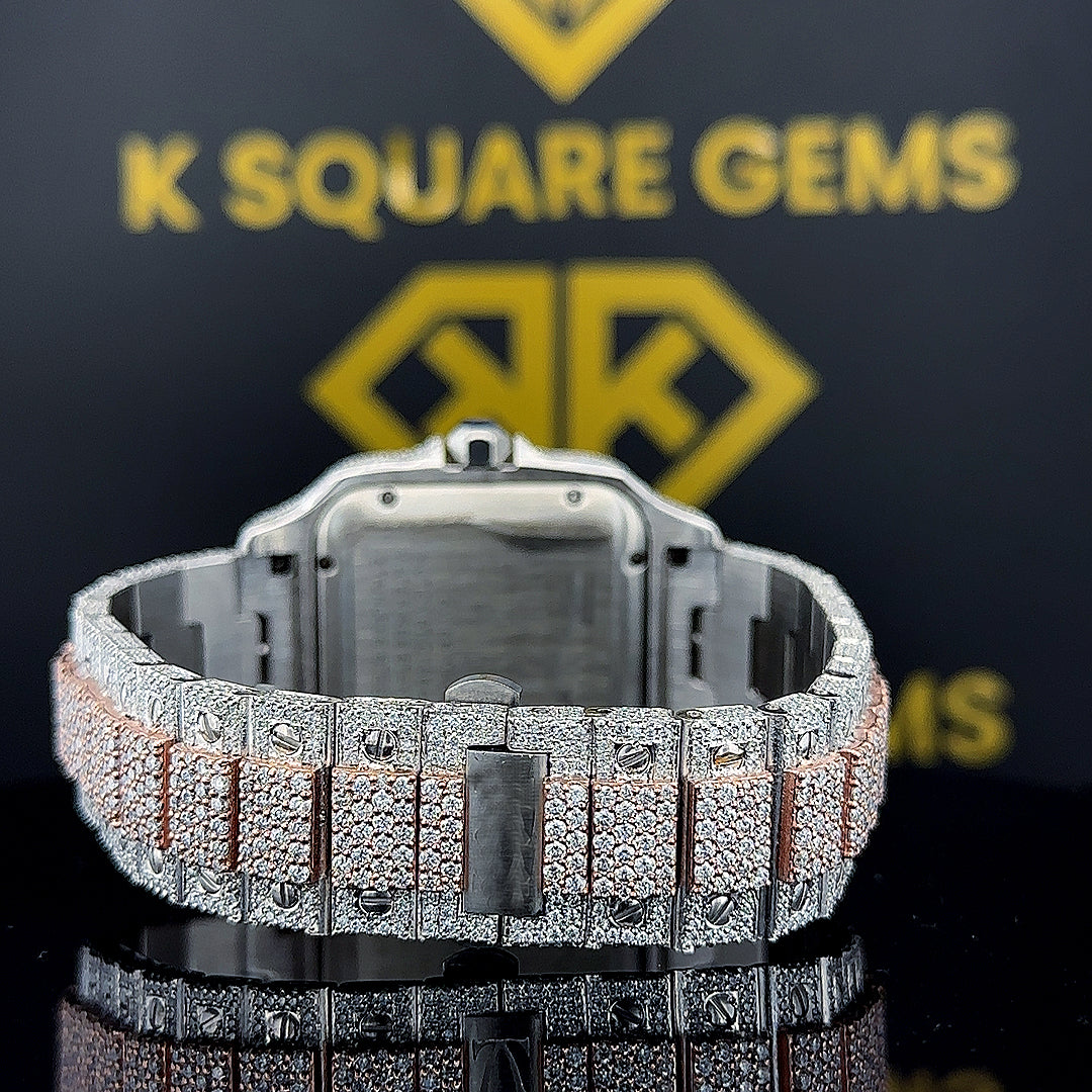 Two Tone Santos Cartier Roman Dial Moissanite Diamond Watch Back View