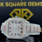 Cartier Santos Roman Numerals Pave Diamond Dial Rose Gold Two Tone Moissanite Watch