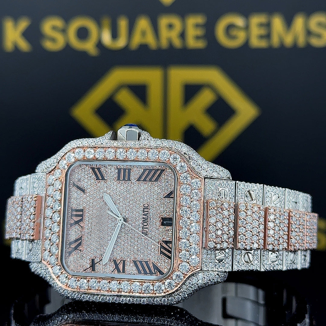 Two Tone Santos Cartier Roman Dial Moissanite Diamond Watch Font View