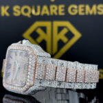 Two Tone Santos Cartier Roman Dial Moissanite Diamond Watch Left Side Bracelet View