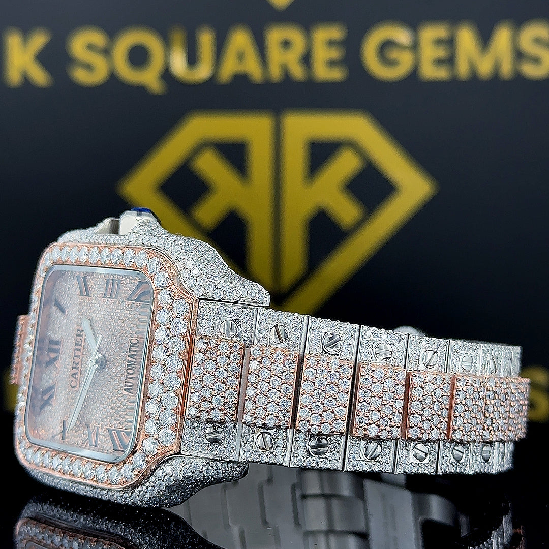 Two Tone Santos Cartier Roman Dial Moissanite Diamond Watch Left Side Bracelet View