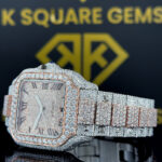 Two Tone Santos Cartier Roman Dial Moissanite Diamond Watch Left Side View