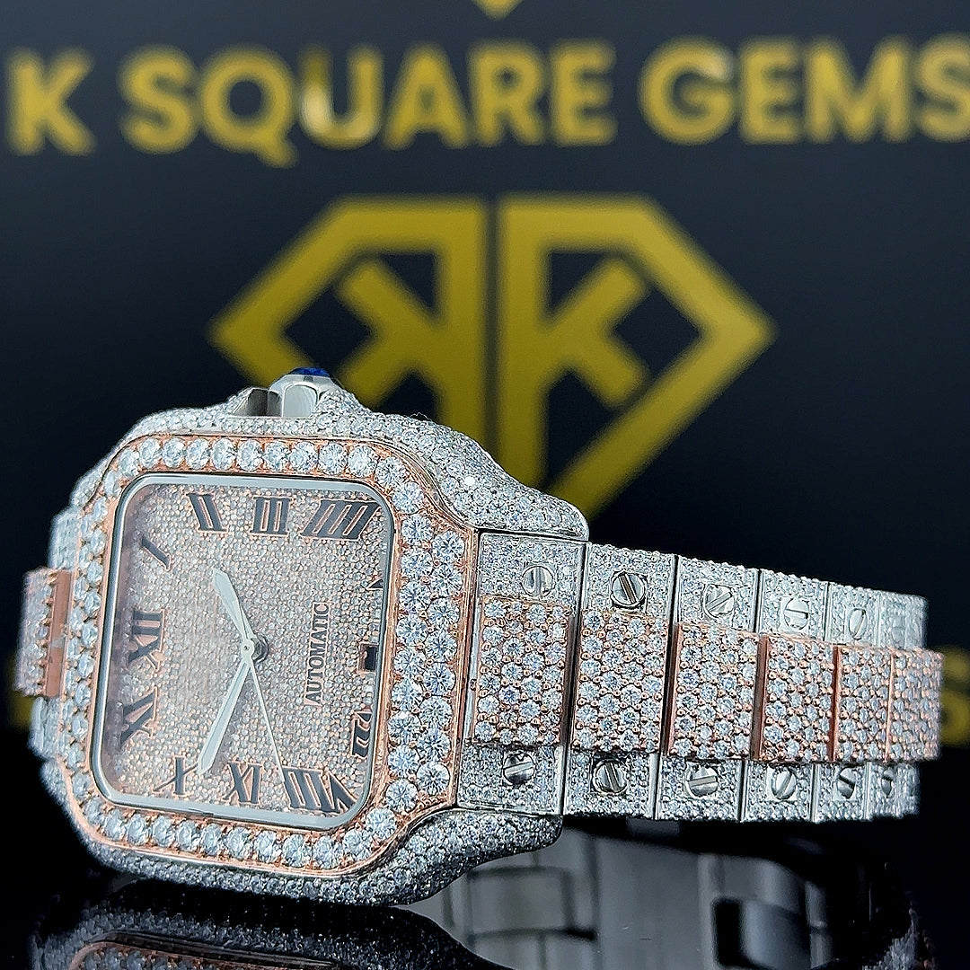 Two Tone Santos Cartier Roman Dial Moissanite Diamond Watch Left Side View