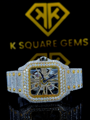 Cartier Santos Skeleton Dial Two Tone Yellow Gold Moissanite Watch