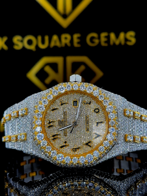AP Royal Oak Arabic Numerals Iced Pave Diamond Dial Two Tone Yellow Gold Moissanite Watch