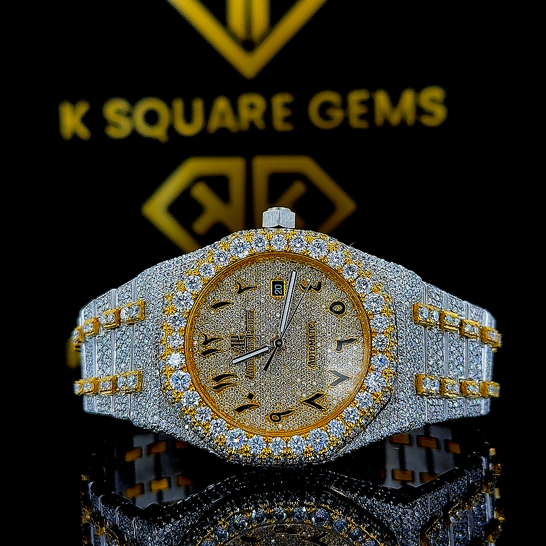 AP Royal Oak Arabic Numerals Iced Pave Diamond Dial Two Tone Yellow Gold Moissanite Watch