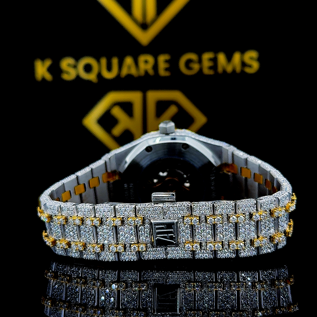 AP Royal Oak Arabic Numerals Iced Pave Diamond Dial Two Tone Yellow Gold Moissanite Watch