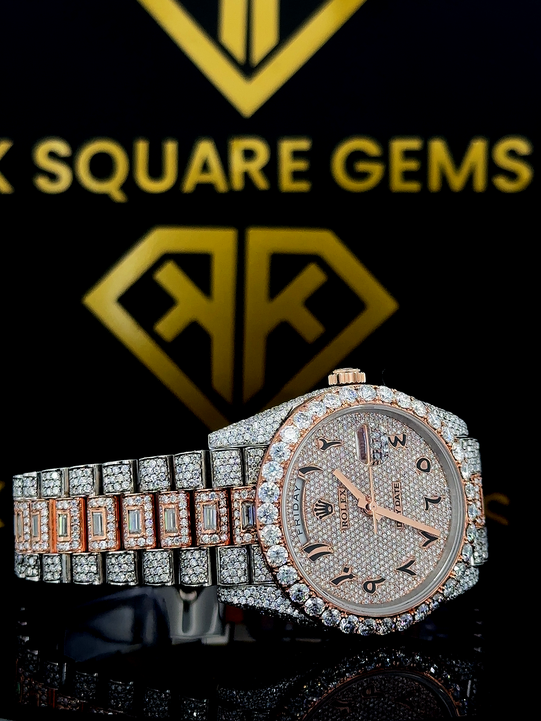 Rolex Day-Date Arabic Markers Full Diamond Dial Two Tone Rose Gold Moissanite Watch