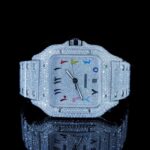 Cartier Santos Multicolor Arabic Numerals Pave Diamond Dial Fully Iced Out Moissanite Watch