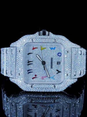 Cartier Santos Multicolor Arabic Numerals Pave Diamond Dial Fully Iced Out Moissanite Watch