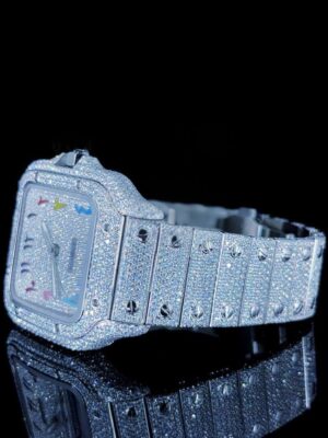 VVS Moissanite Cartier Rainbow Dial Iced Out Watch Left View