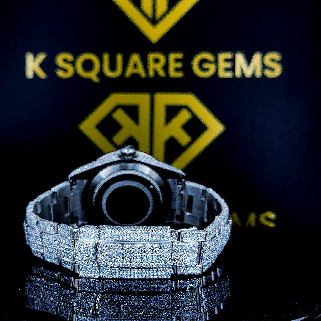 VVS Moissanite Rolex Full Iced Out Watch with White Indices Back Side View
