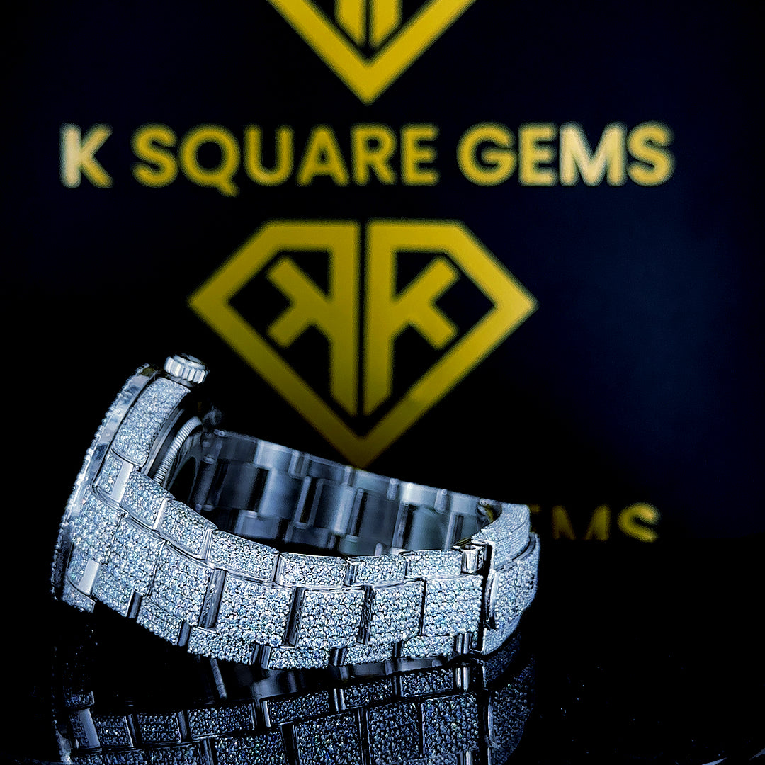 VVS Moissanite Rolex Full Iced Out Watch with White Indices Close up Strap View