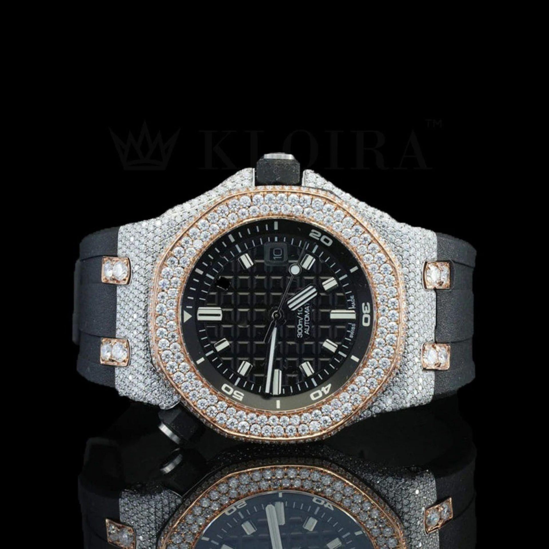 AP Black Dial Rubber Strap Semi Iced Out Natural Diamond Watch Front View